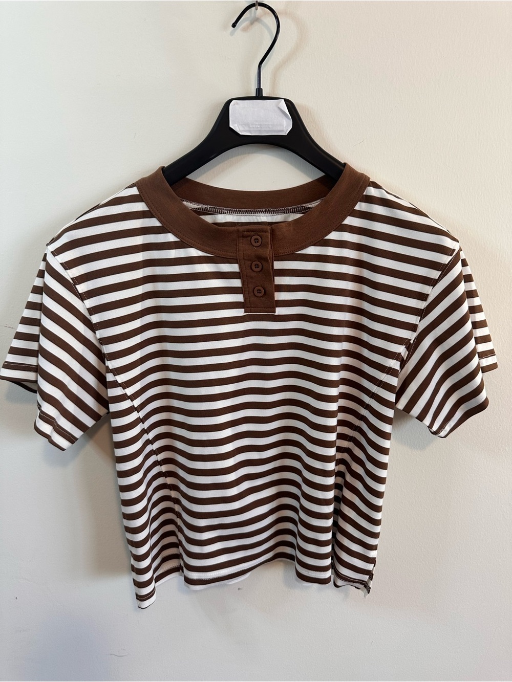 Brown & White Striped Henley Cropped shirt - Women S
